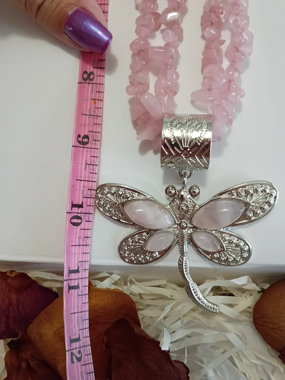 Rose Quartz Silver Dragonfly Pendant Necklace Multi Strand Gorgeous
